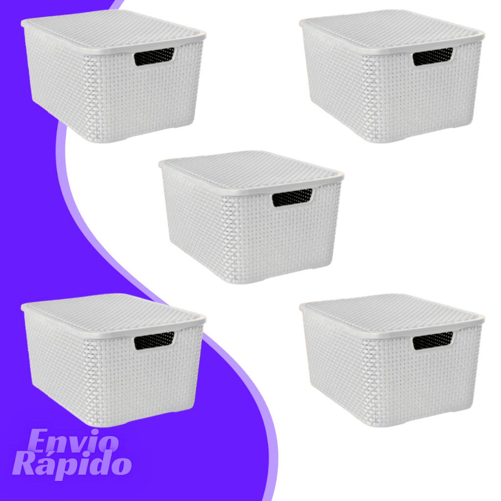 Kit 5 Caixa Organizadora Rattan 28 litros Cesto Organizador Multiuso Com Tampa Empilhável Escritório
