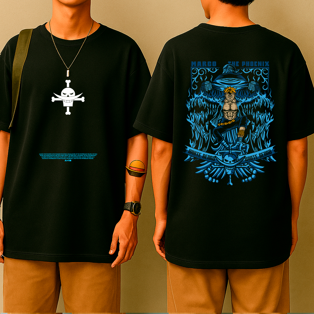 Camiseta Oversized Fênix Azul – One Pirata, Marco, Estilo Mangá, Roupa Geek Otaku, Tripulação do Barba Branca, unissex