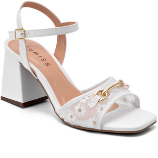 Sandália Feminina Lumiss Salto Alto Bloco Tule Flor Bico Quadrado Confortável em Oferta na Shopee