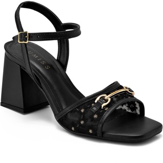 Sandália Feminina Lumiss Salto Alto Bloco Confortável Tule Flor Bico Quadrado Enfeite Metal Preto em Oferta na Shopee
