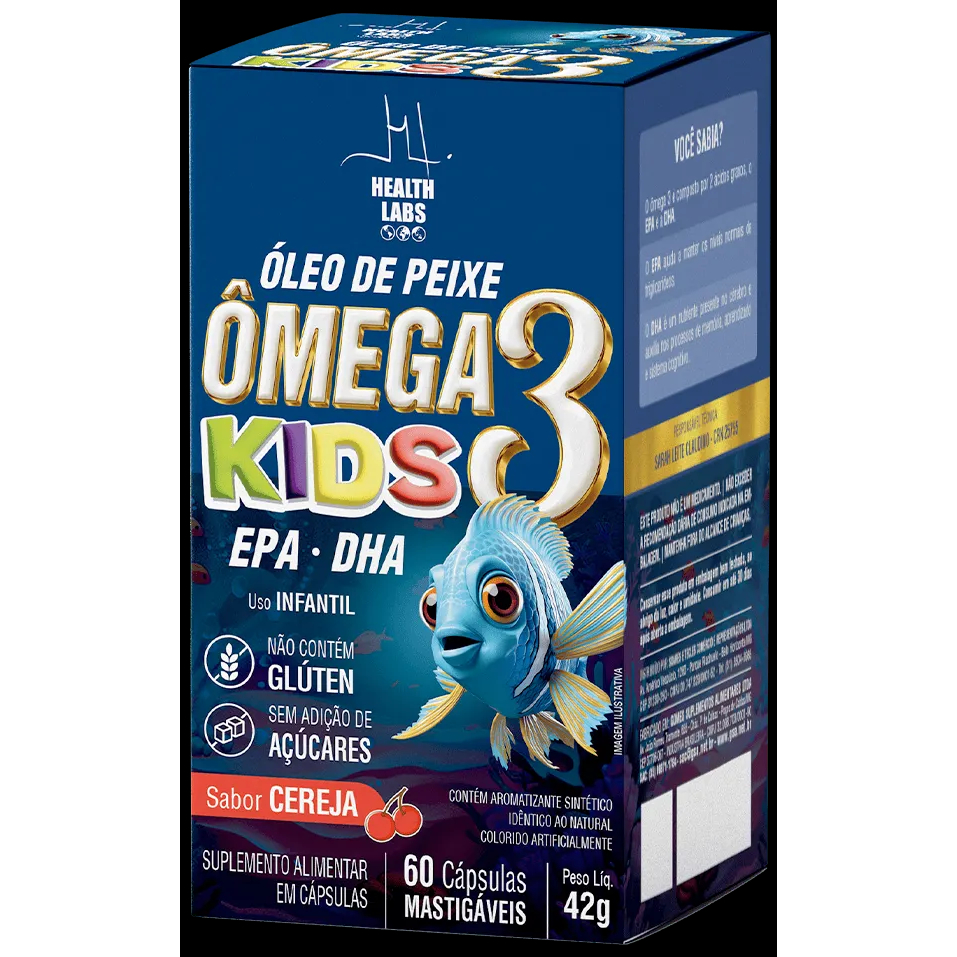 SUPLEMENTO ÓLEO DE PEIXE OMEGA 3 KIDS 60 CÁPSULAS MASTIGÁVEIS HEALTH LABS