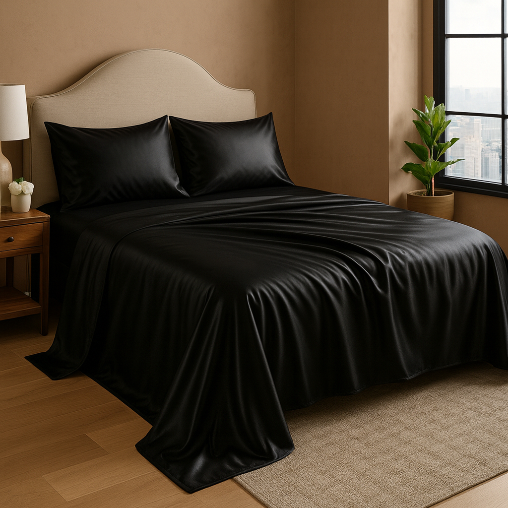 Lençol de Cetim Anti‑Frizz Brilho Ativo Elasticado – Jogo 4 Peças Queen, King ou Casal