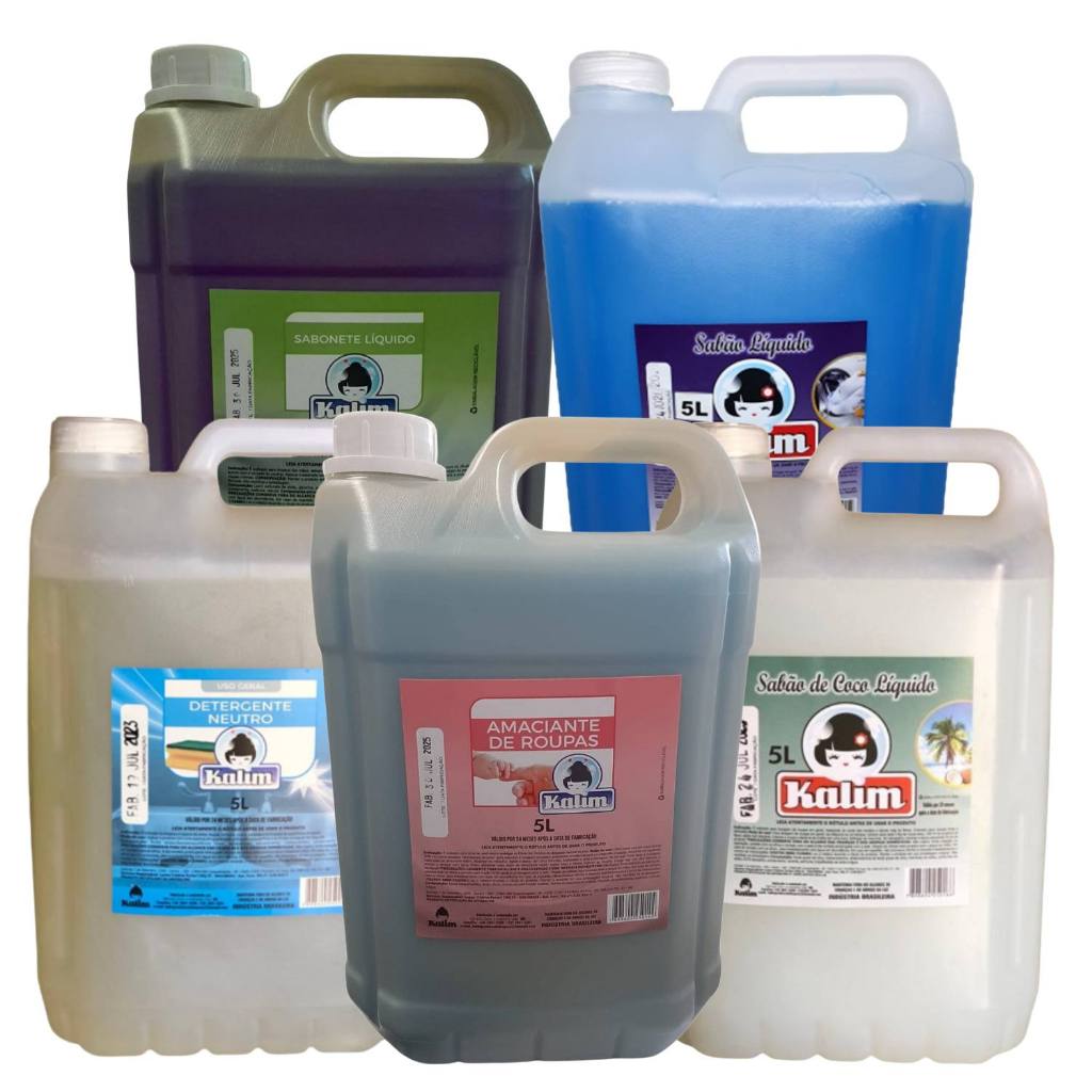 Kit Produtos Prontos Para Uso 5L Cada Sabonete Líquido, Lava Roupas, Detergente e Amaciante de Roupas,