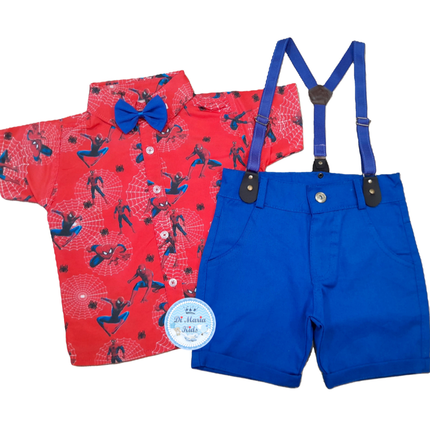 Conjunto Temático Homem Aranha Camisa Short Suspensório Roupa bebe menino festa infantil personagem