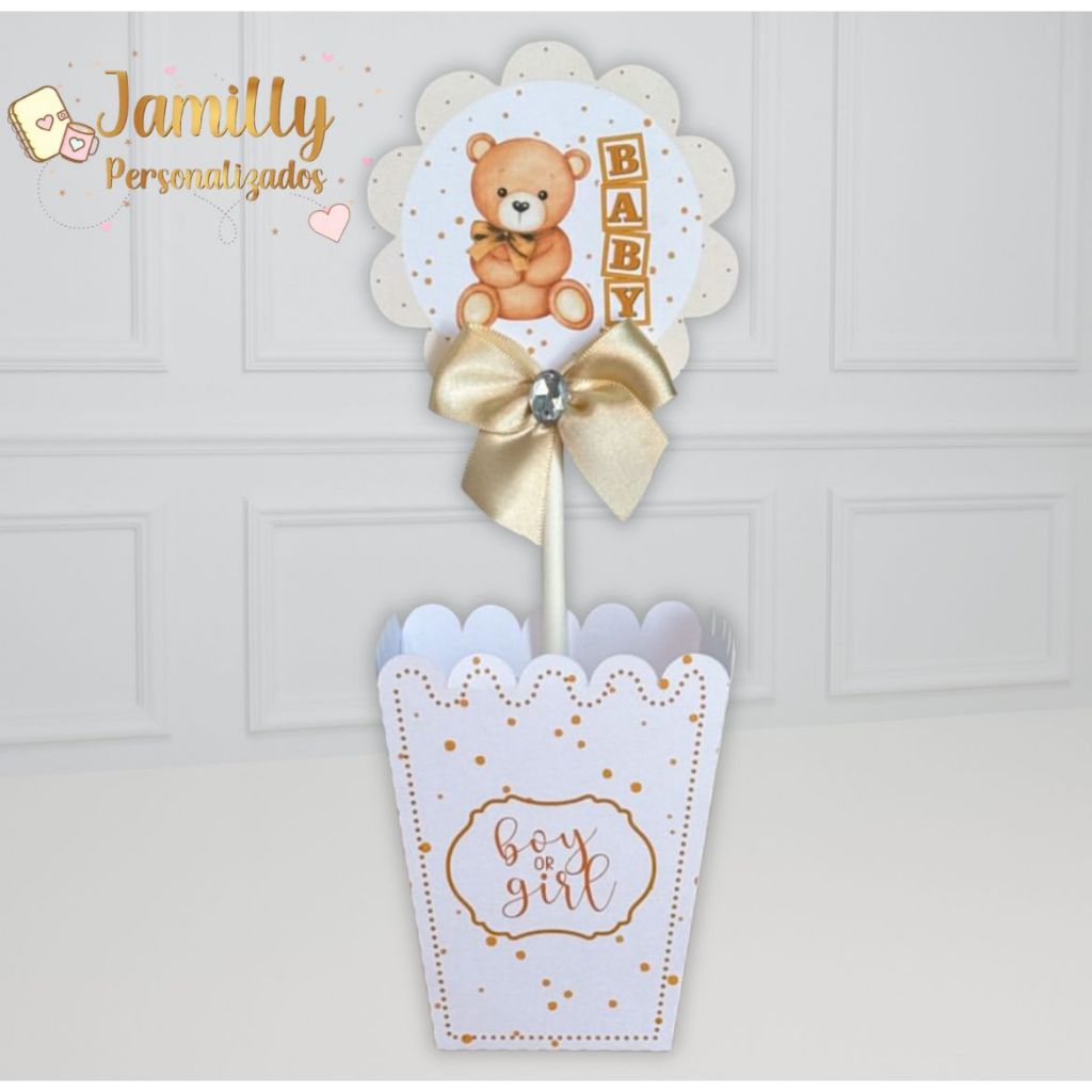 PEGUE E MONTE Centro de mesa Festa Chá Revelação Ursinho bebê  bege / ursinho dourado/  Personalizado / Enfeite Cachepô