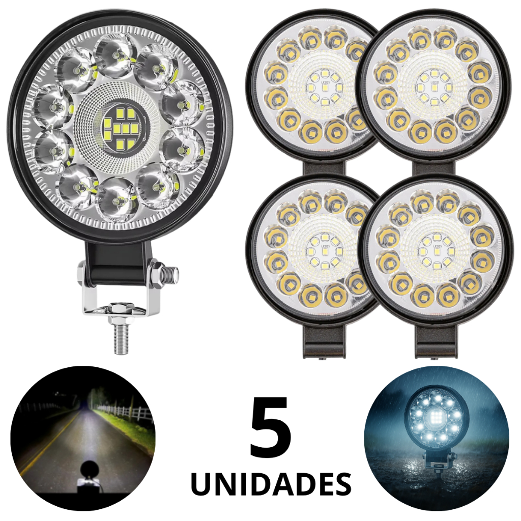 Kit 5 Farol Auxiliar LED 63W 6000k IP67 12/24V Super Potente Para Carros Motos Caminhões Off Road 4x4 ATV UTV