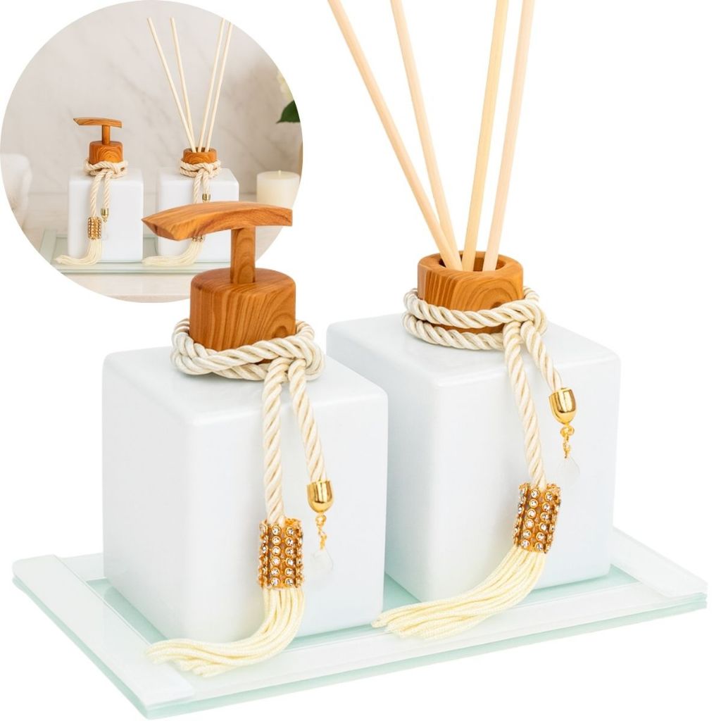 Kit Lavabo Vidro Luxo Com Bandeja Decorativa E Frascos 250ml Banheiro Lavabo