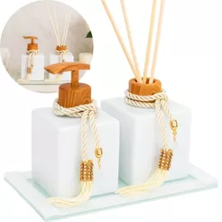 Kit Lavabo Vidro Luxo Com Bandeja Decorativa E Frascos 250ml Banheiro Lavabo
