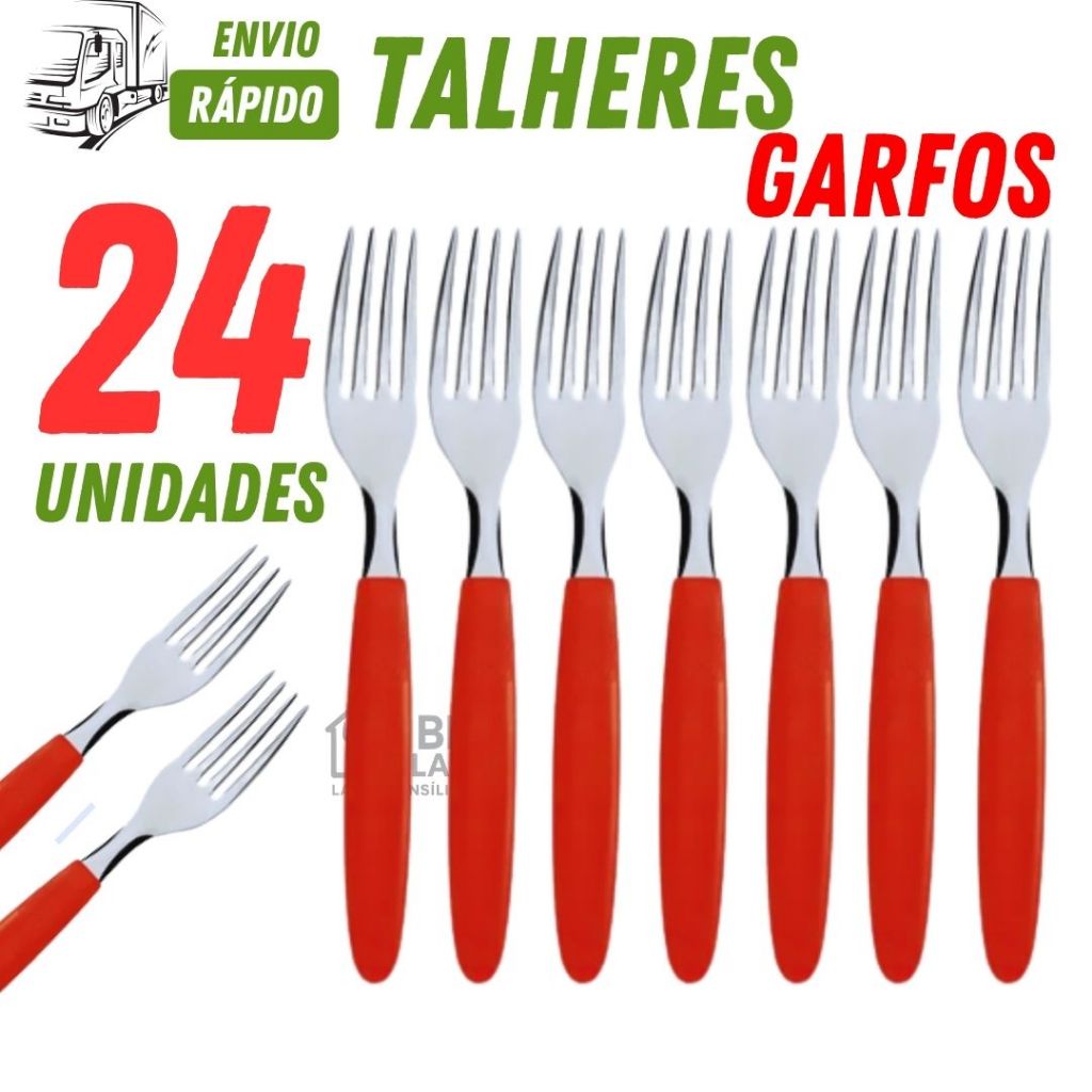 Jogo com 06/12/18/24 unidades de Garfo da Linha Colorida Premium com Cabo Plástico  Haste Inox Forte