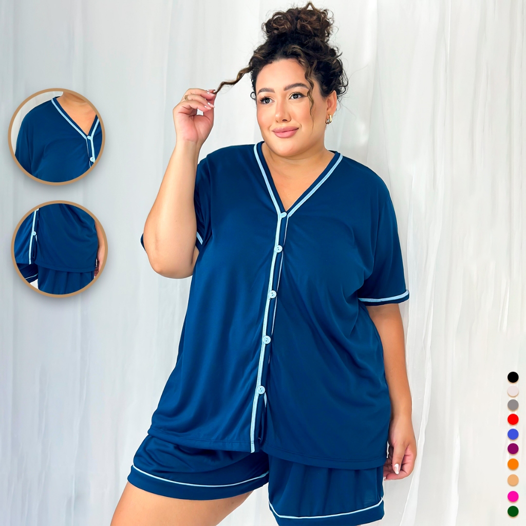 Pijama Plus Size Feminino Baby Doll Botão Funcional Americano Conforto Amamentação Pós Cir...