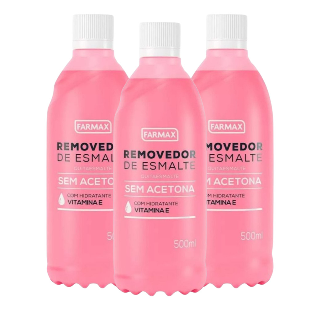 Kit 3 Removedor Farmax Sem Acetona 500 ml Vitamina E Hidrata Unhas e Cutículas Limpeza Suave