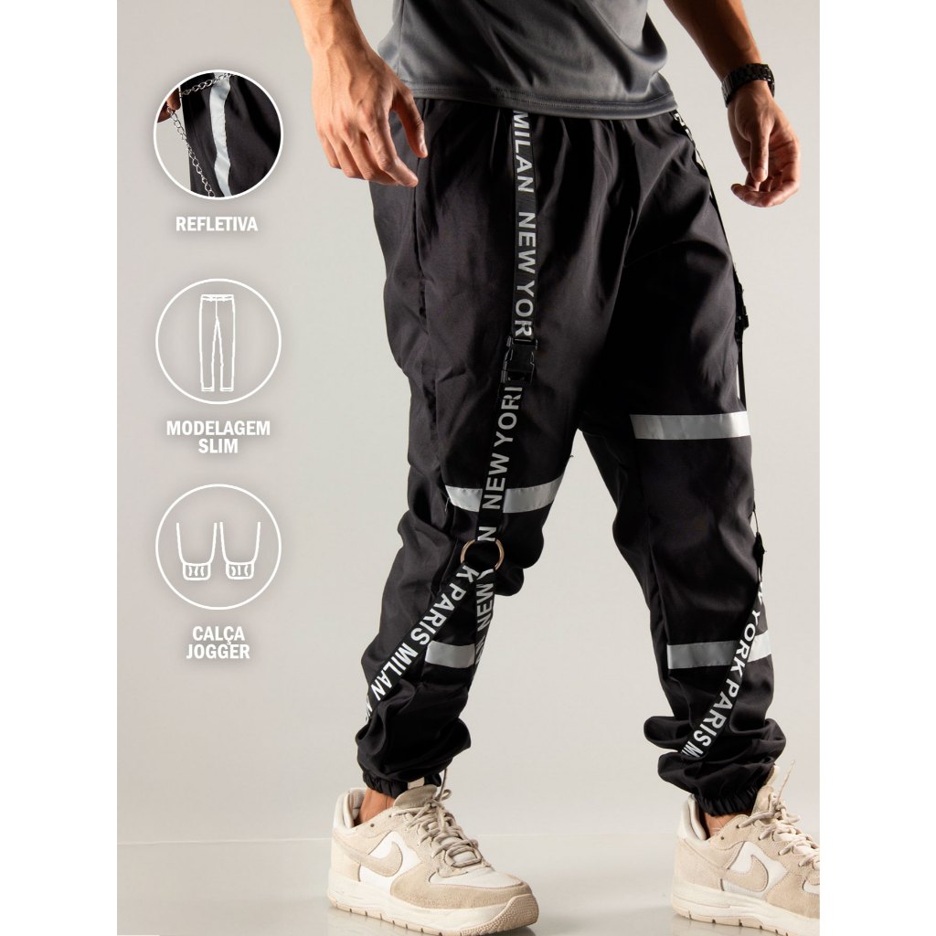 Calça Jogger Estilo Gringa Preta/Branca Larga Rapper Trapper Corta Vento 100% poliester