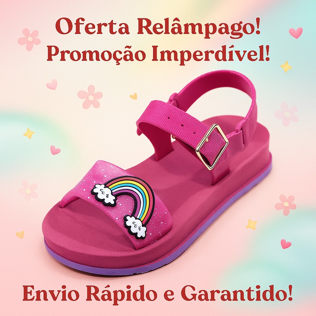 Sandália Infantil Arco-Íris Menina Glitter Fivela Leve