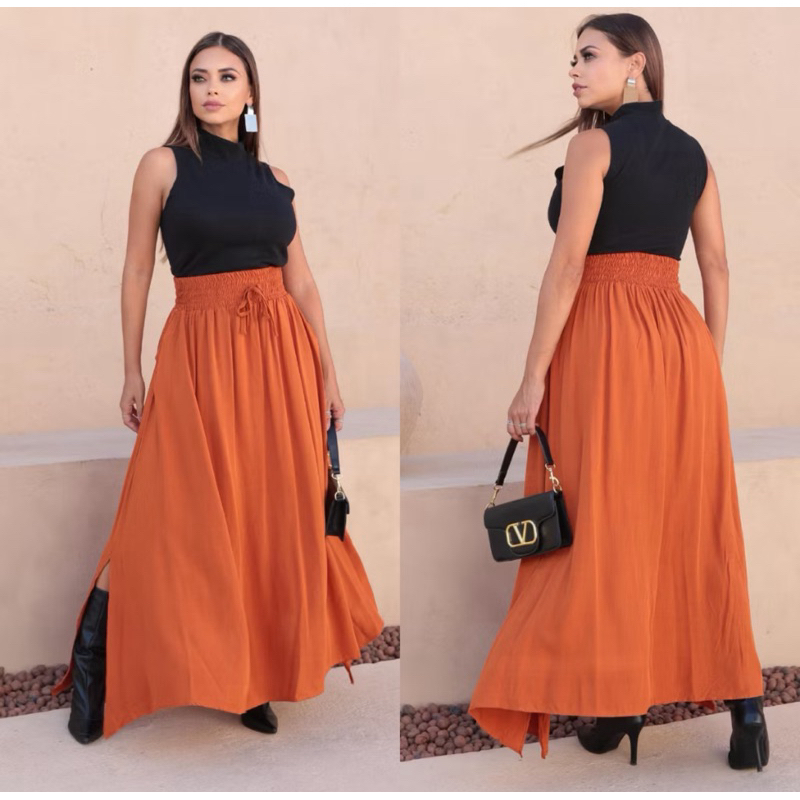 SAIA LONGA VISCOLINHO FEMININA COM BOLSOS COM FENDA LATERAL MODA EVANGÉLICA FORRADA MODA CASUAL CINTURA ALTA