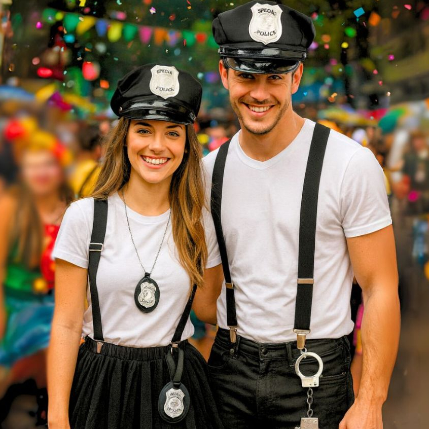 Fantasia Policial Militar Completa com Quepe Preto Algema Suspensório e Saia de Tule- Festa Carnaval