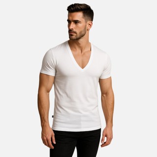 Camisa Gola V Masculina Slim Viscose com Elastano Não Amassa Malha Fria Camiseta Básica Blusa