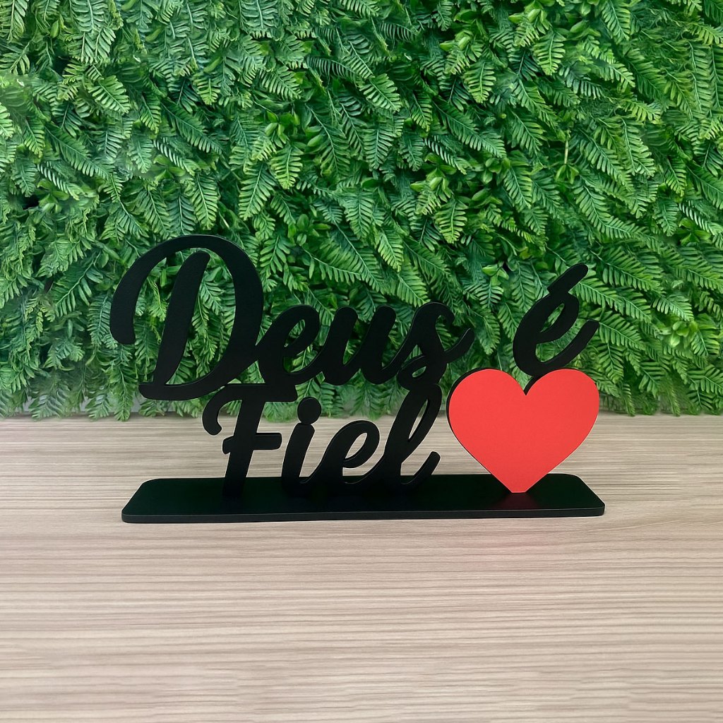 Palavra Decorativa De Mesa Base Deus É Fiel C/ Coração Mdf