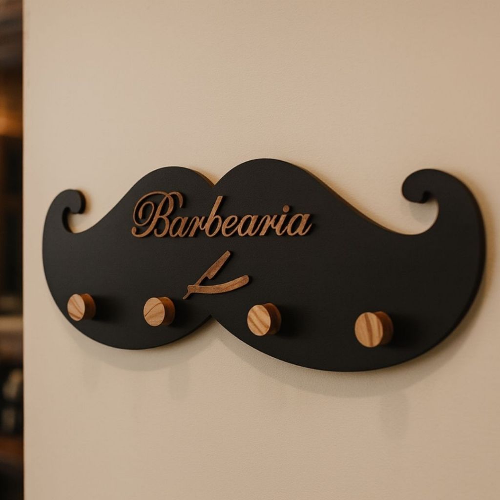 Cabideiro para Capas de Corte de Barbearias Modelo Bigode em MDF Profissional Vintage Retrô