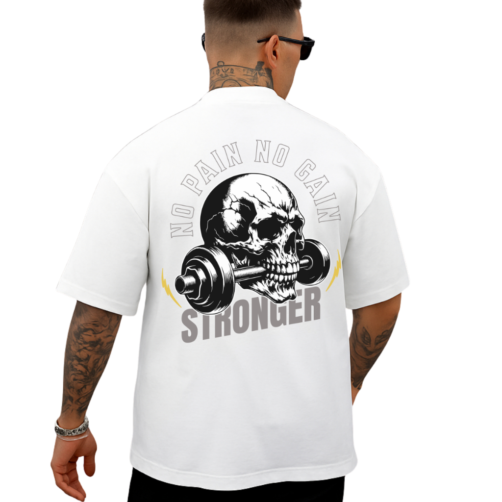 Camiseta Oversized Academia Estampada Modelo: "Caveira Stronger" – Novidade Moda Streetwear 100% Algodão