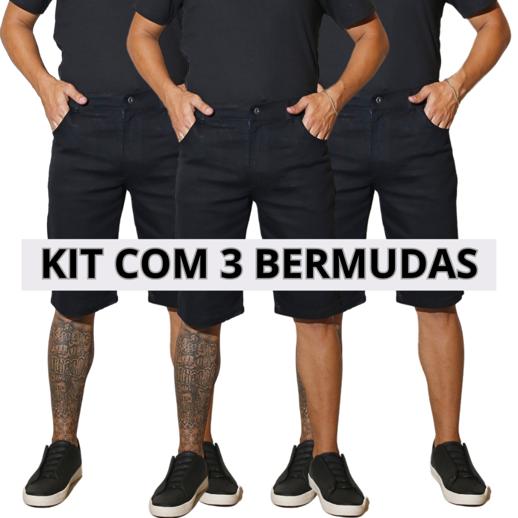 Kit 3 Bermudas Jeans Masculina Preta Tradicional Com Elastano Short Promocional Direto da Fábrica Preço Promocional