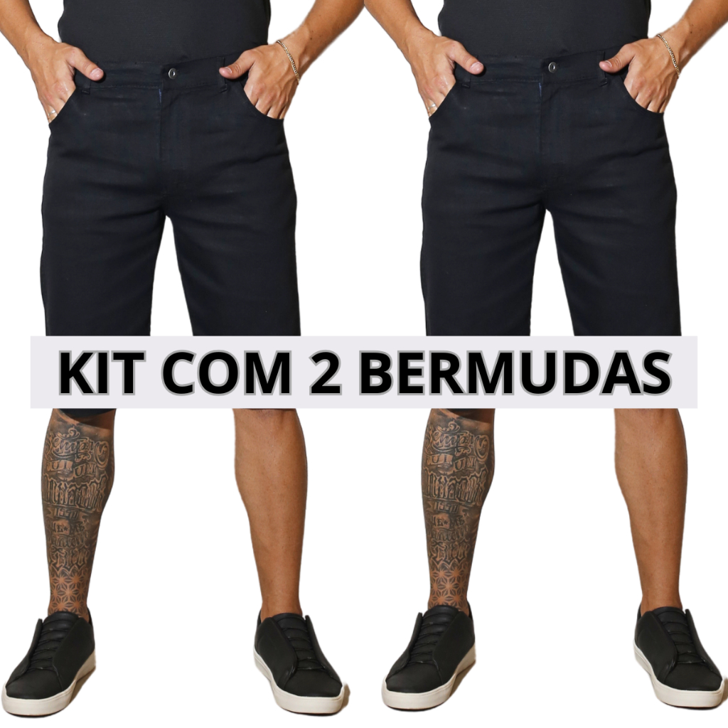 Kit 2 Bermudas Jeans Masculina Preta Tradicional Com Elastano Short Promocional Direto da Fábrica Preço Promocional