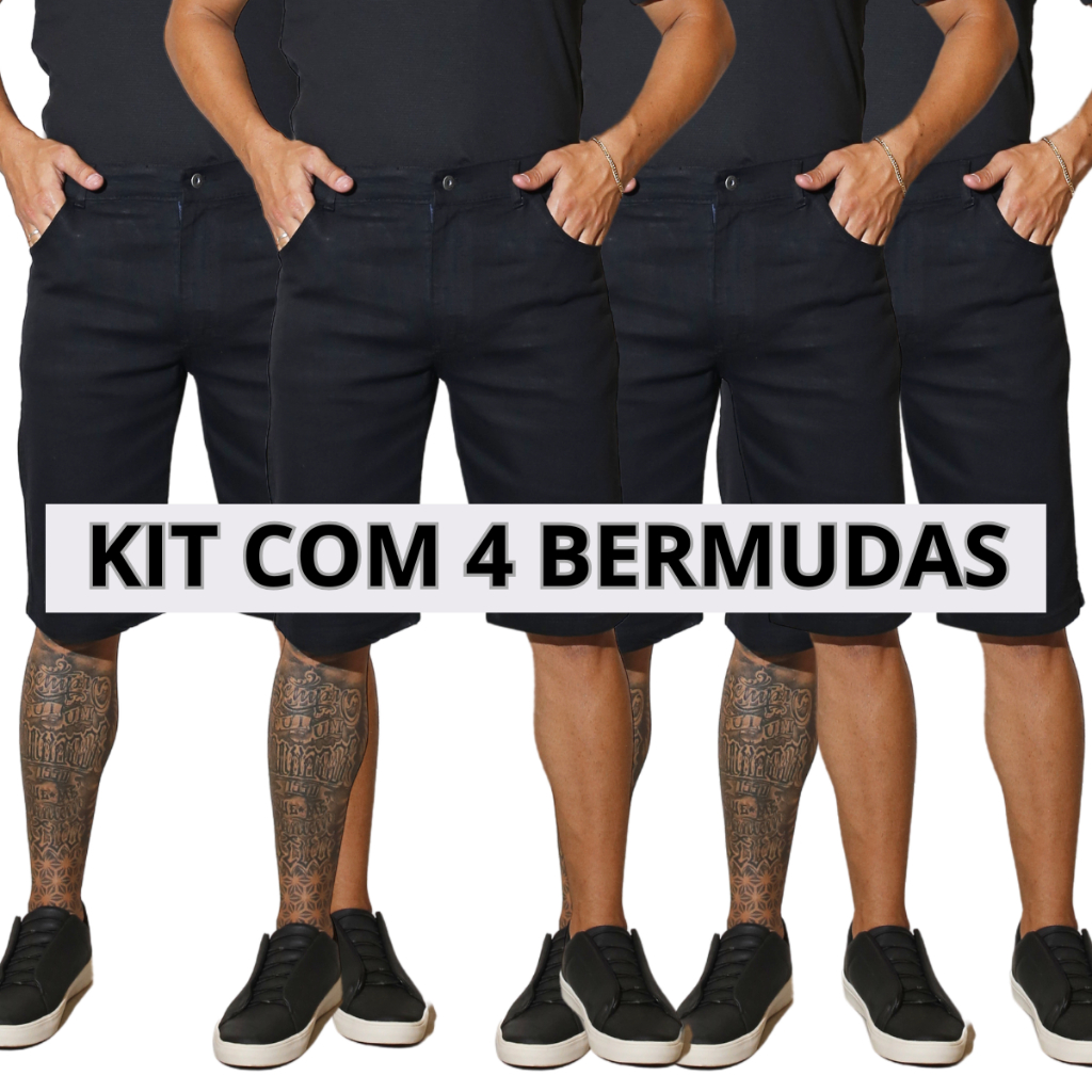 Kit 4 Bermudas Jeans Masculina Preta Tradicional Com Elastano Short Promocional Direto da Fábrica Preço Promocional