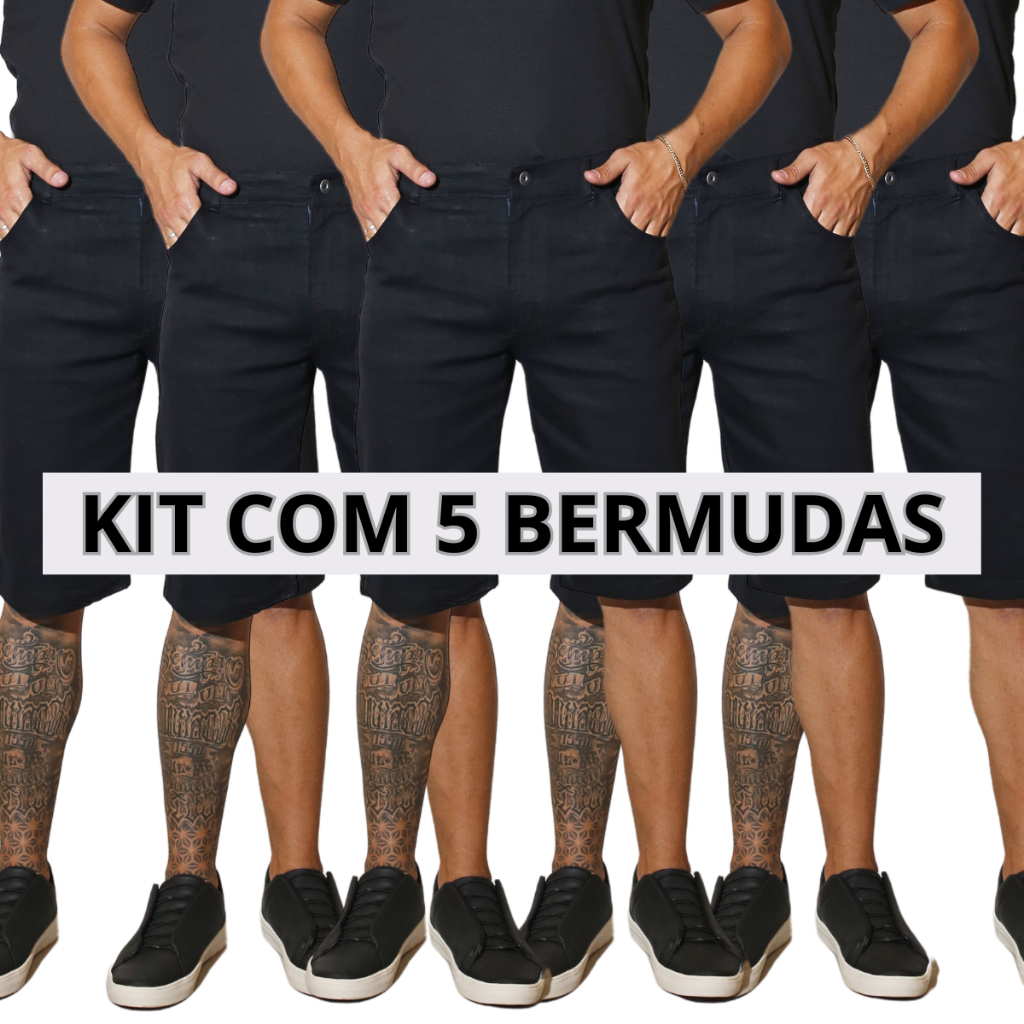 Kit 5 Bermudas Jeans Masculina Preta Tradicional Com Elastano Short Promocional Direto da Fábrica Preço Promocional