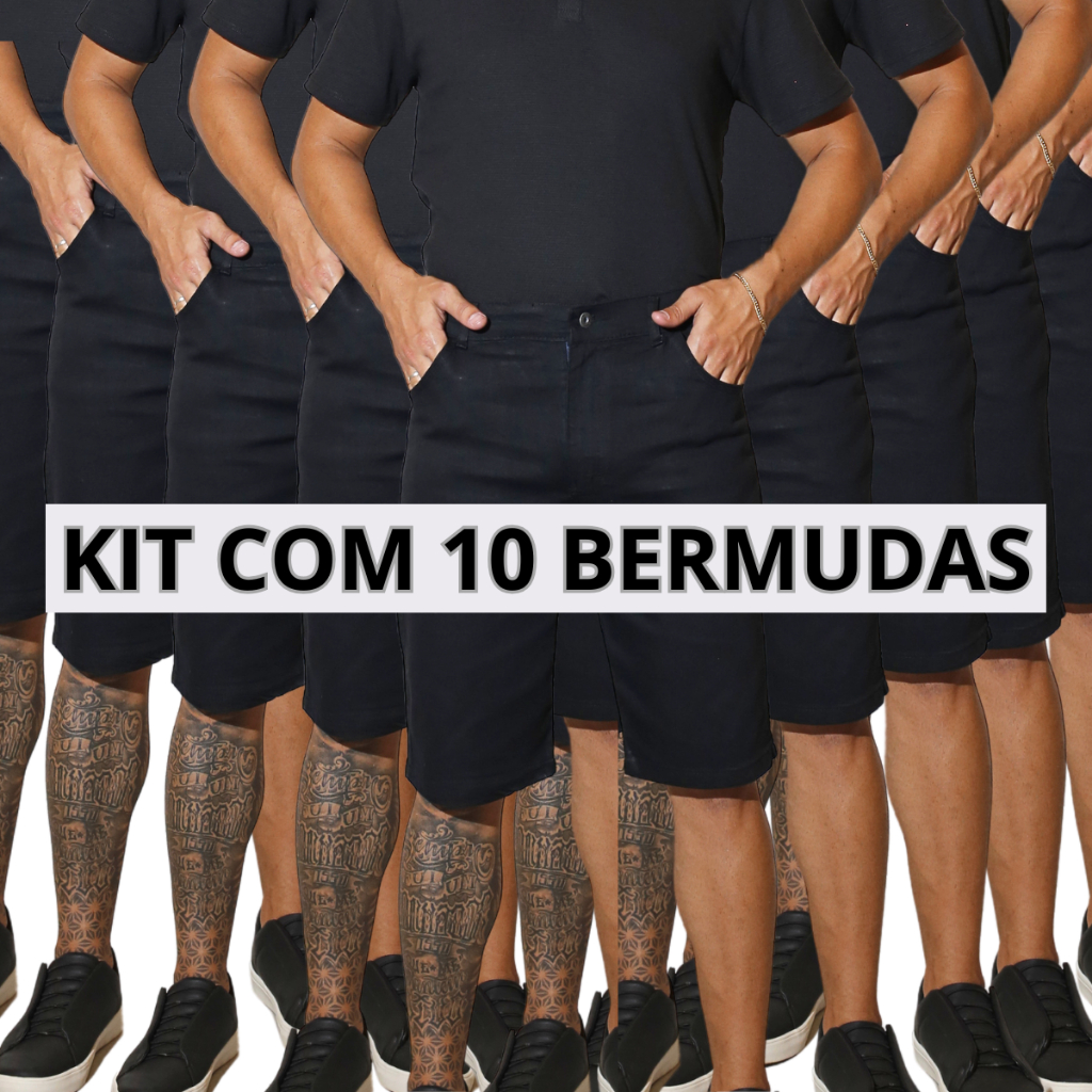 Kit 10 Bermudas Jeans Masculina Preta Tradicional Com Elastano Short Promocional Direto da Fábrica Preço Promocional