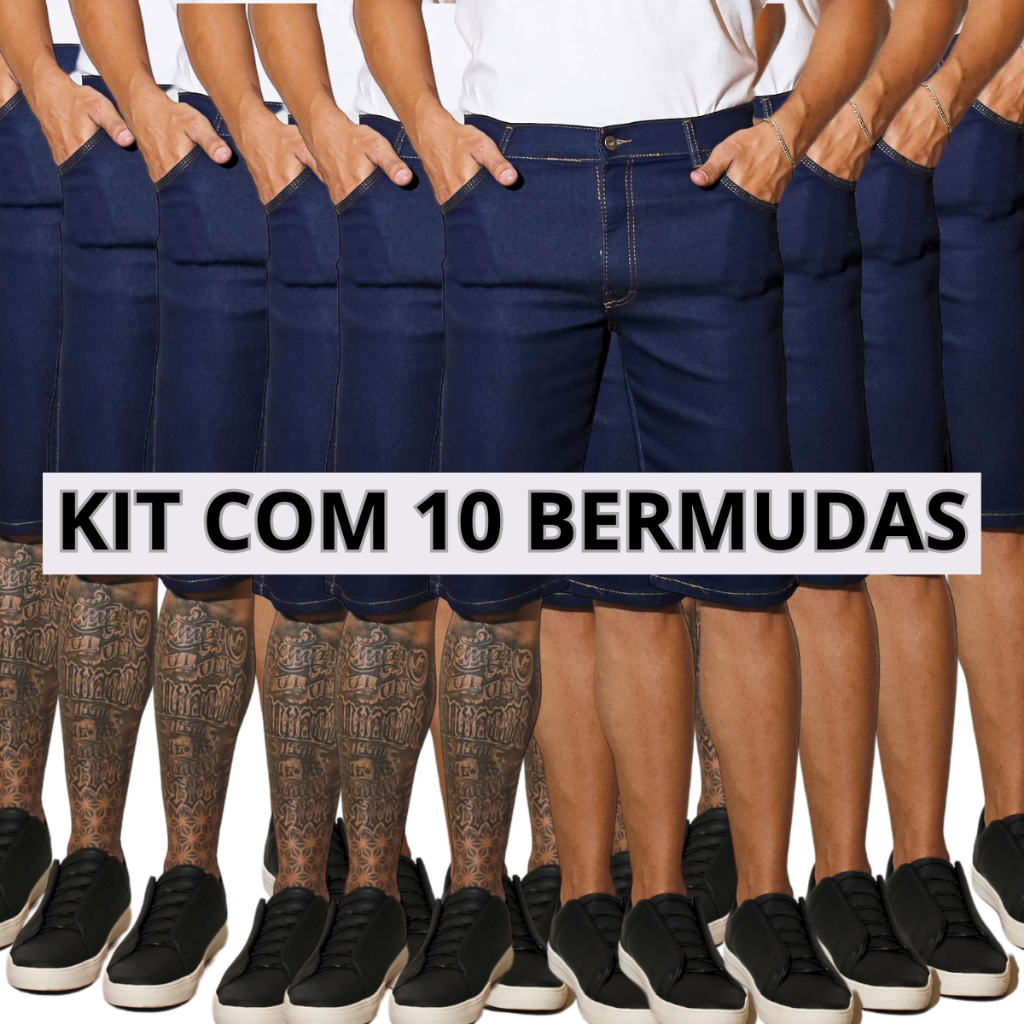 Kit 10 Bermudas Jeans Masculina Azul Tradicional Com Elastano Short Promocional Direto da Fábrica