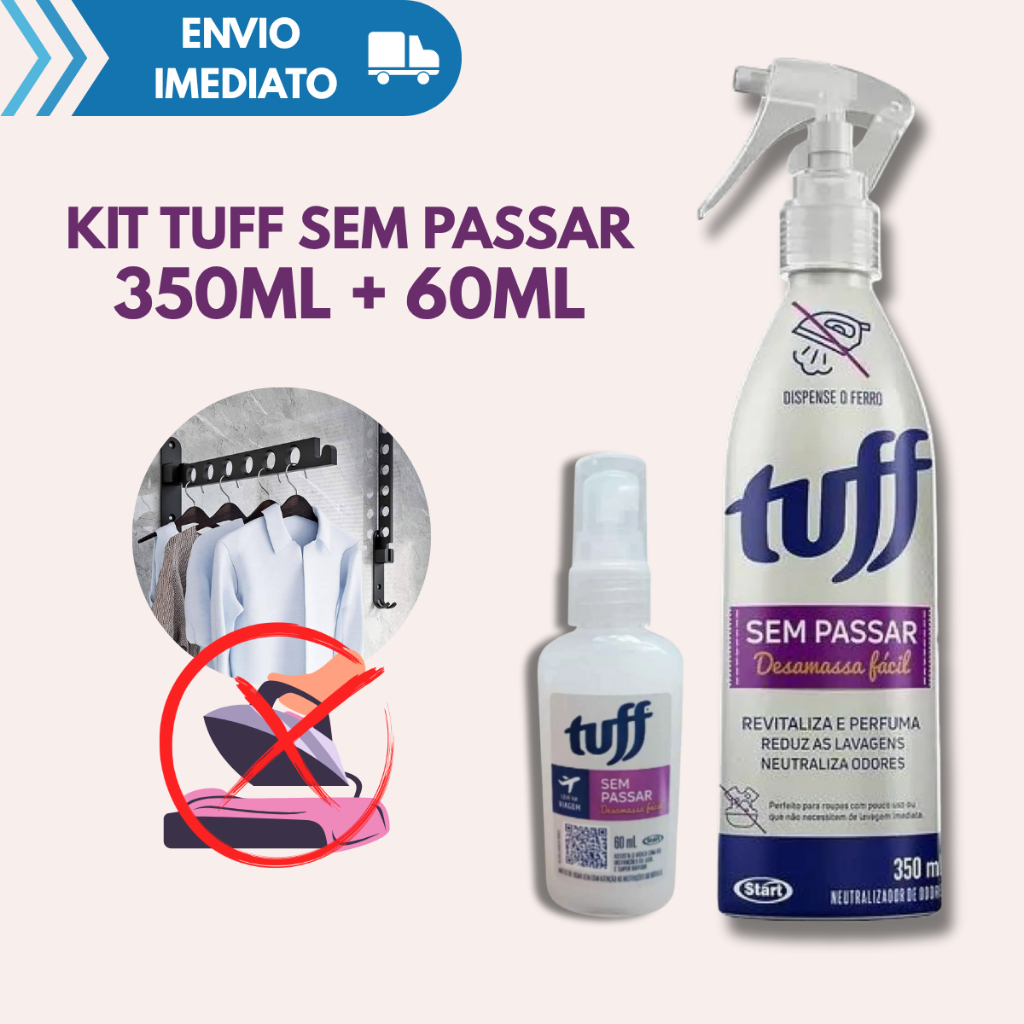 Imagem Kit Tuff Spray Sem Passar  Desamassa Fácil Sem Ferro Neutraliza Odor das Roupas e Perfuma 350ML 60ML