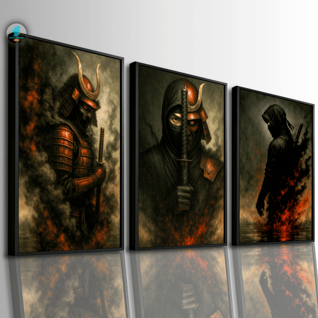 Kit 3 Quadros Decorativos Samurai Ninja Oriental | Arte Épica Sala Quarto