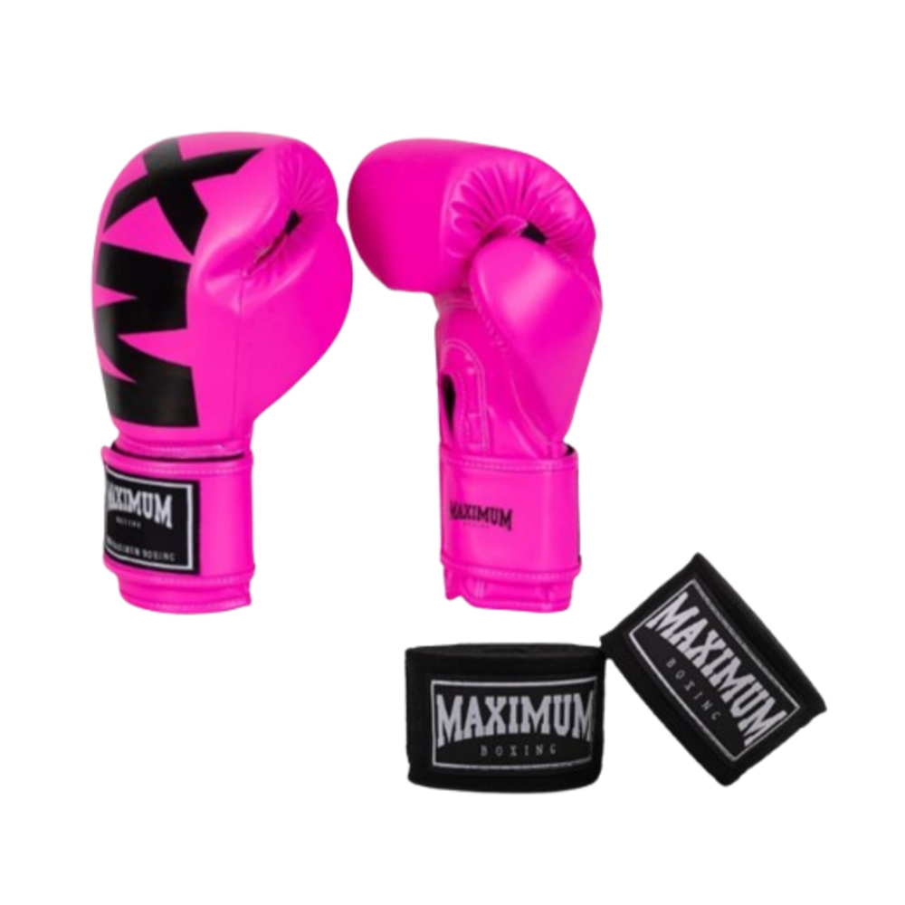 Luva Iniciante para Muay Thai e Boxe Linha MXM Pink + Bandagem de 3 ou 5 Metros - Marca Maximum