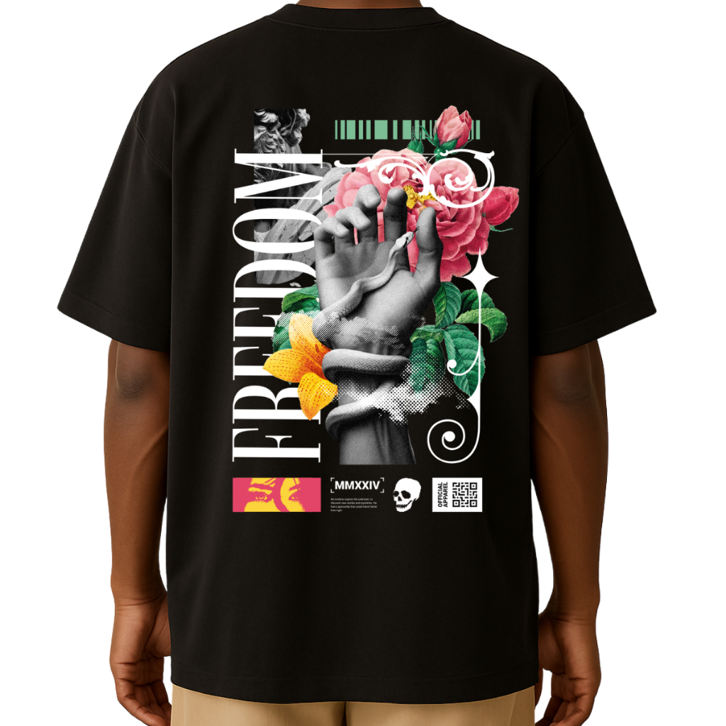 Camiseta Oversized Unissex Streetwear 100% Algodão "Freedom Cobra e Flores" – Ideal para Academia | Lançamento Exclusivo
