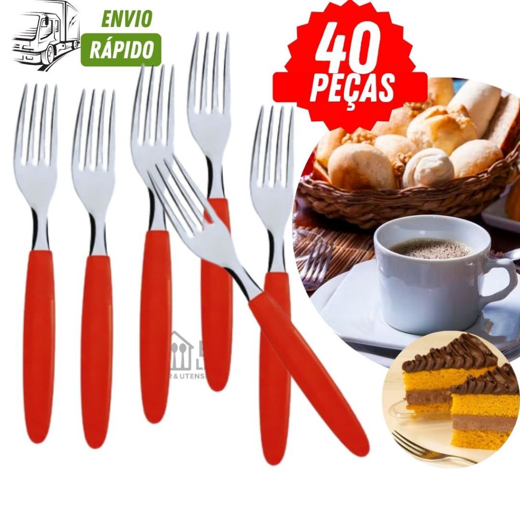 Kit com 40 /30 OU 20 unidades de Garfo da Linha Colorida  Vermelho e Cabo Plástico  Haste Inox Forte