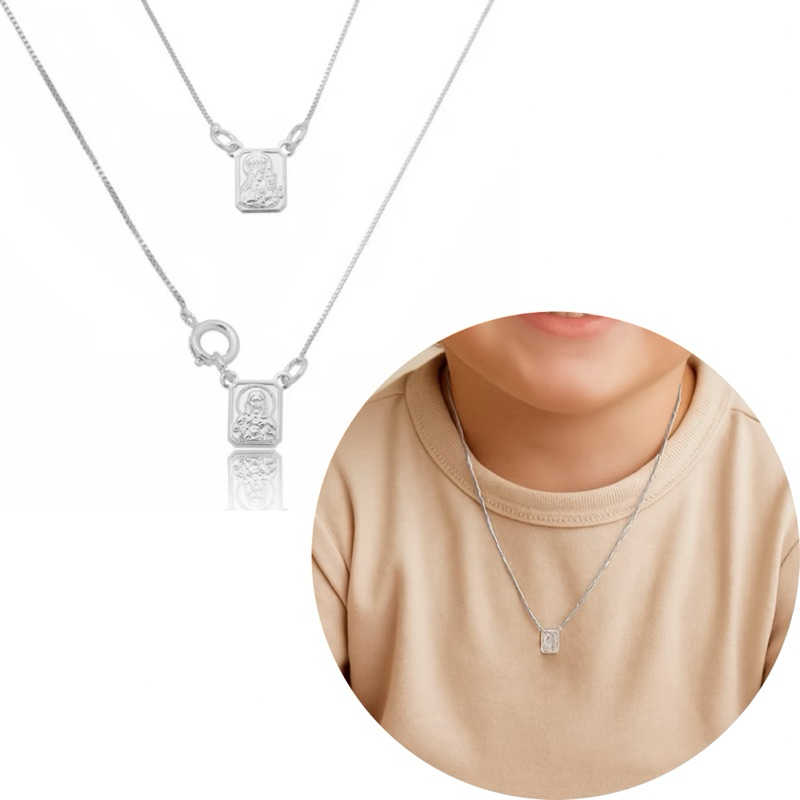 Escapulário Infantil Sagrado Coração Jesus Tradicional e Nossa Senhora do Carmo Banhado a Prata 925