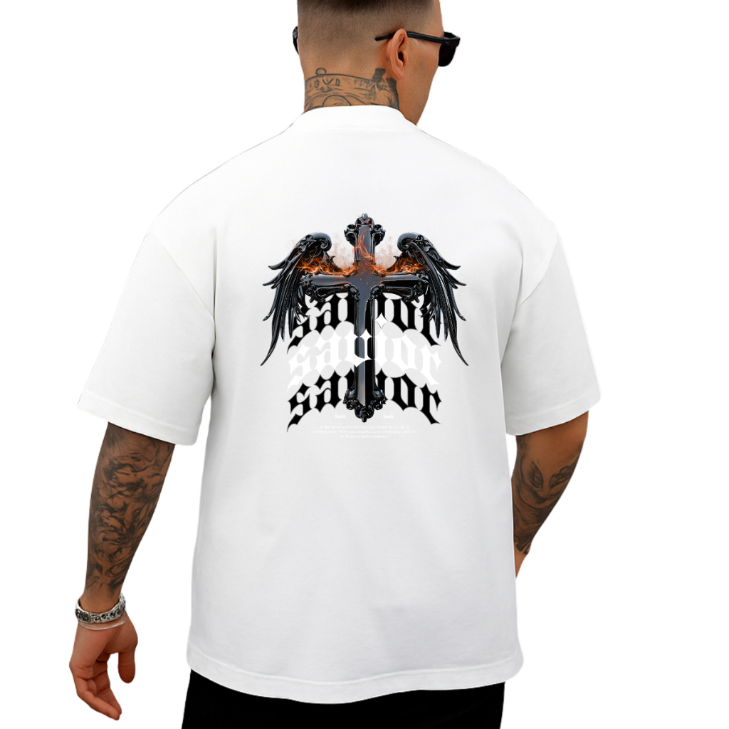 Camiseta Casual Unissex Modelo Oversized "Cruz com Asas" – Promoção Tendência Streetwear Estampada Casual