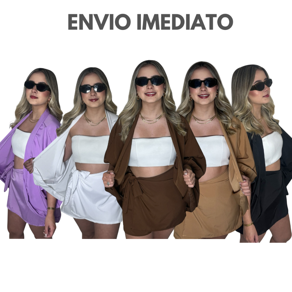 Conjunto Kimono Short Saia e Kimono Duas Peças Moda Praia Liso Azul Azul Marrom Lilas Preto em Oferta na Shopee