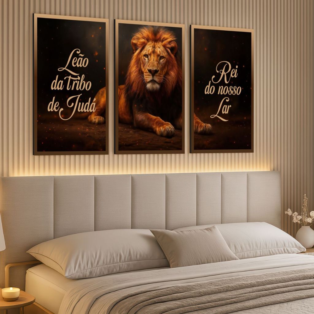 Quadro Decorativo Leão Frase Bíblica Jesus Coroa Fé Sala 4k