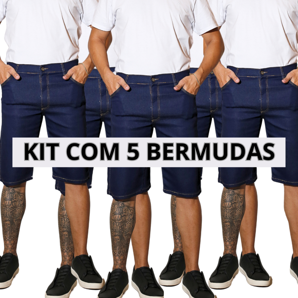 Kit 5 Bermudas Jeans Masculina Azul Tradicional Com Elastano Short Promocional Direto da Fábrica