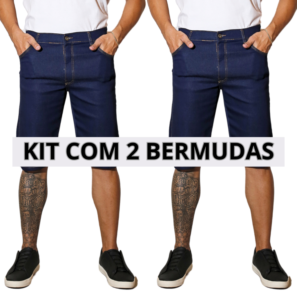 Kit 2 Bermudas Jeans Masculina Azul Tradicional Com Elastano Short Promocional Direto da Fábrica Preço Promocional