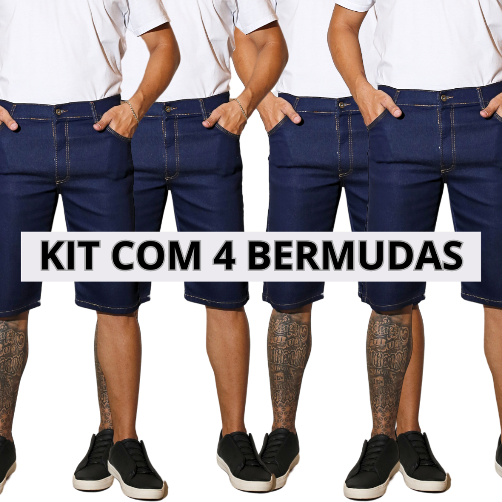 Kit 4 Bermudas Jeans Masculina Azul Tradicional Com Elastano Short Promocional Direto da Fábrica