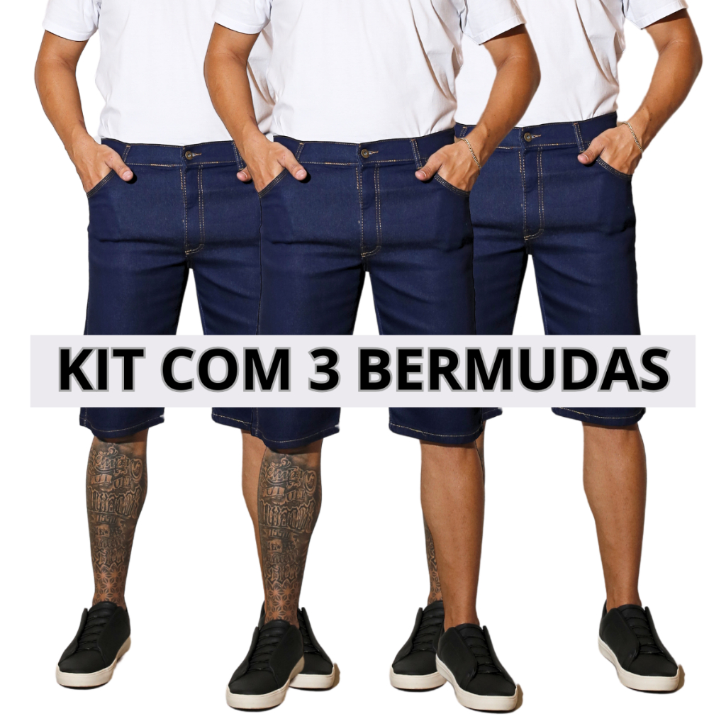 Kit 3 Bermudas Jeans Masculina Azul Tradicional Com Elastano Short Promocional Direto da Fábrica Preço Promocional