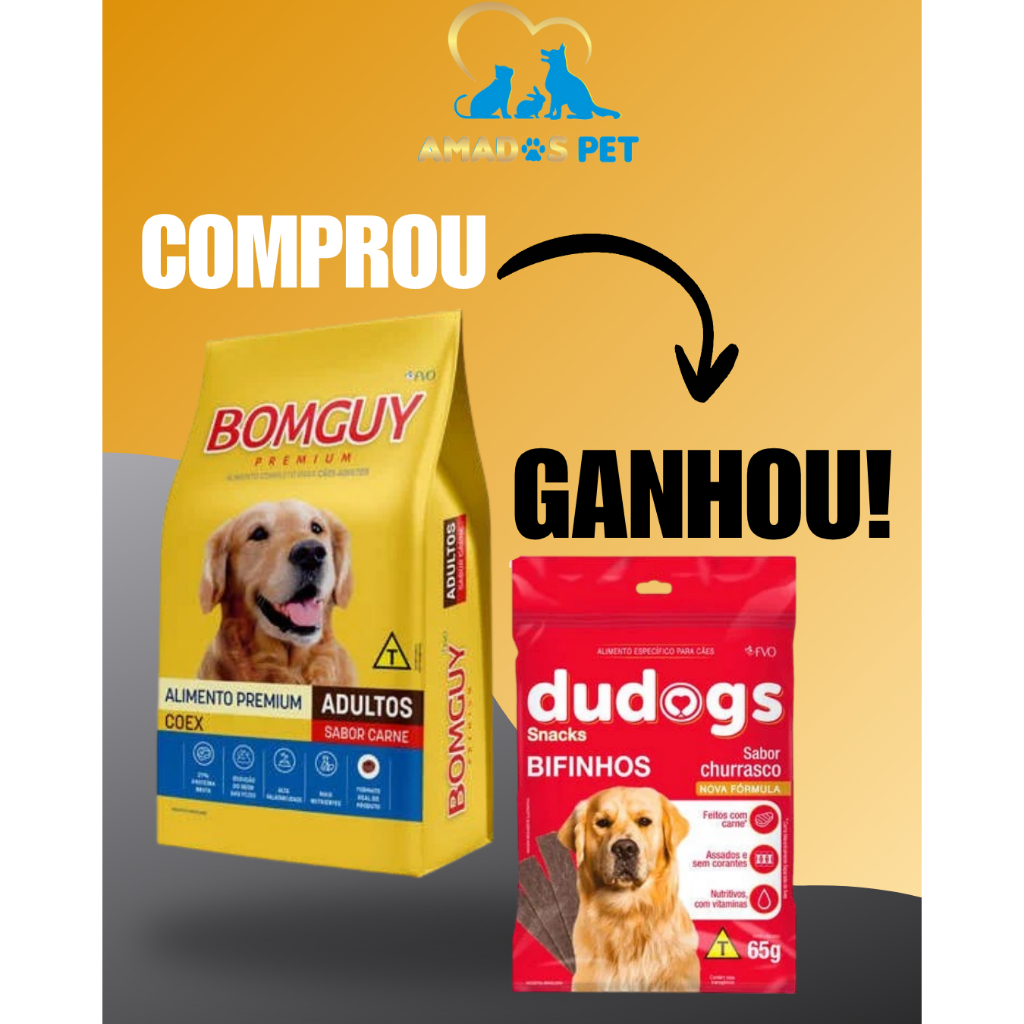 RAÇÃO PREMIUM BOMGUY COEX CÃES ADULTOS 10KG, COMPRE E GANHE UM PETISCO DUDOGS BIFINHO 65G!