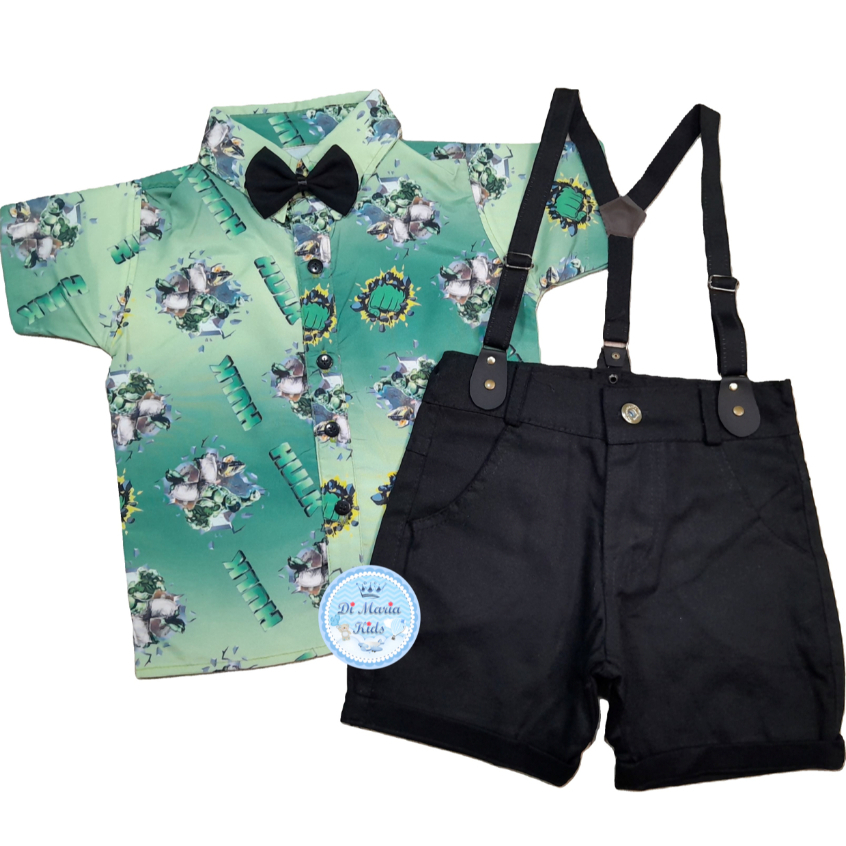 Conjunto Temático Hulk Camisa Short Suspensório Gravata Roupa bebe menino festa infantil Personagens
