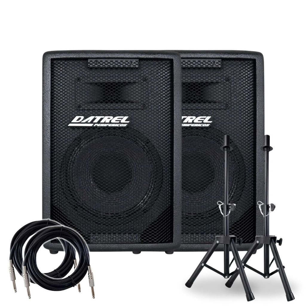 Kit 2 Caixas Som Datrel 300w Passiva Escrava Profissional Acustica Pa Palco + Suportes Pedestal Tripe + Cabos
