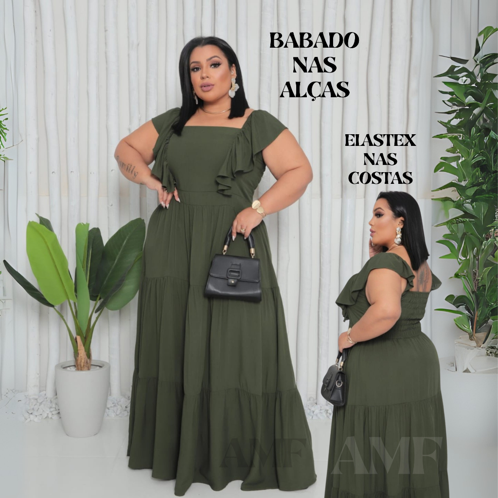 Vestido Longo Plus Size Com Um Babado No Ombro Moda Evangélica
