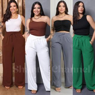 Calça Pantalona Feminina Cintura Alta Com Bolso  Duna Tendência em Oferta na Shopee