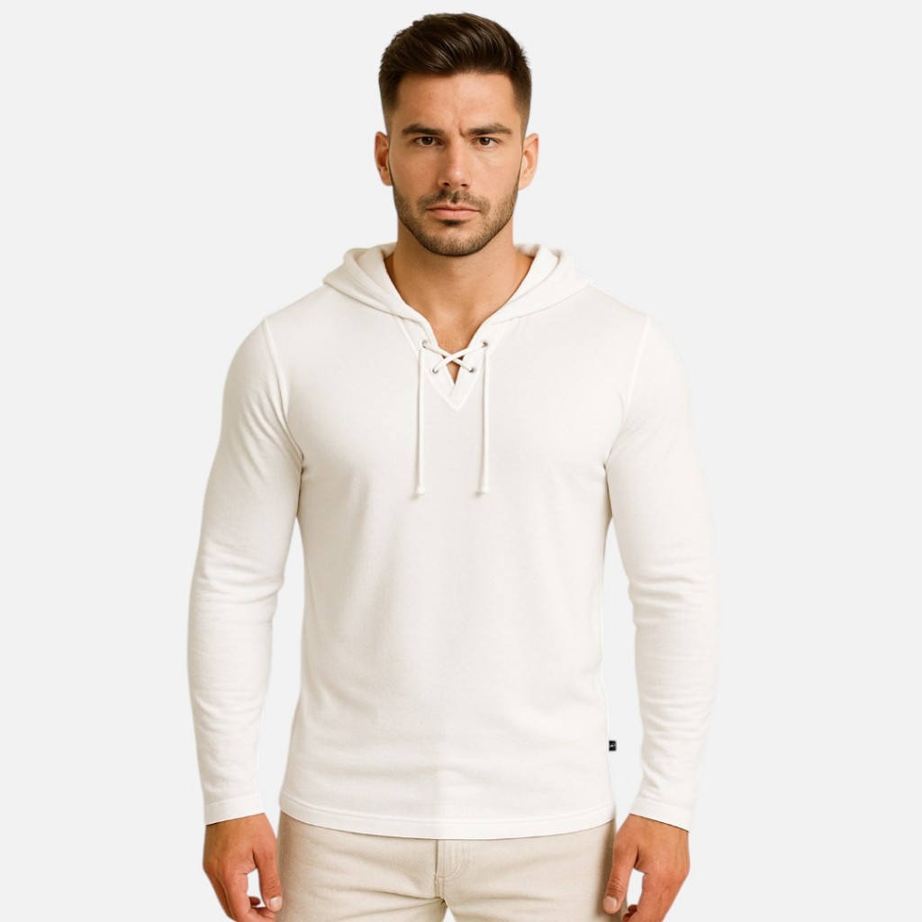 Camisa Masculina Gola V Rasa com Capuz e Cordinha Blusa Slim Elastano Camiseta Decote V Viscolycra