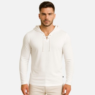 Camisa Masculina Gola V Rasa com Capuz e Cordinha Blusa Slim Elastano Camiseta Decote V Viscolycra