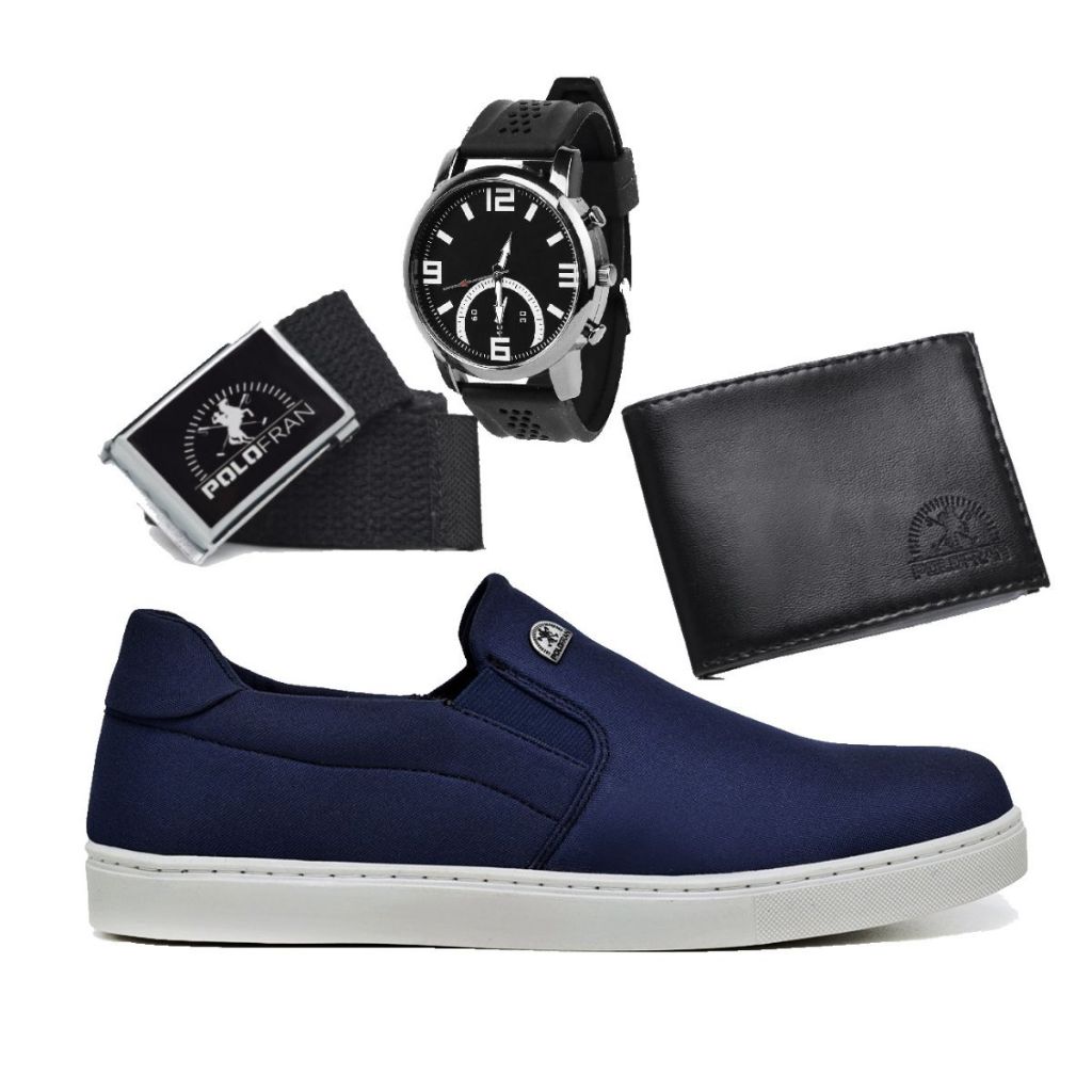 Tênis Masculino Polo Fran Casual Sapatenis  Slip On Bali Relogio + Carteira + Cinto em Oferta na Shopee